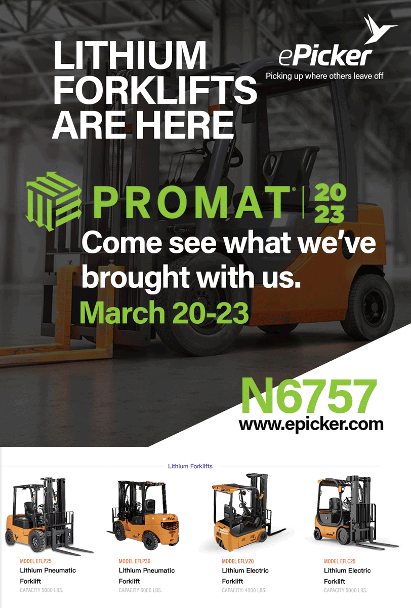 ePickerLifts's tweet photo. ePicker at PROMAT2023!
 
Imagine finding everything you want in a new forklift. Are you seeing it?
So come by our material handling equipment "experience" and see it, sit in it, inspect it, appreciate it!
So go ahead. Think More. Think Bigger. Think Electric. We are. 
N6757 https://t.co/RfHaJLchXc