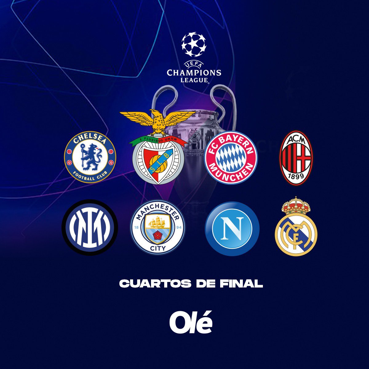 Planeta do Futebol 🌎 on X: Os 8 clubes classificados para as quartas de  final da Champions League: - Chelsea 🏴󠁧󠁢󠁥󠁮󠁧󠁿 - Benfica 🇵🇹 - Bayern  🇩🇪 - Milan 🇮🇹 - Inter