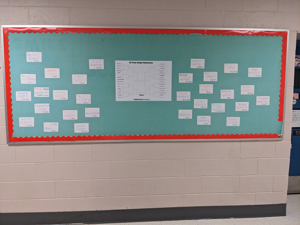 pond_road's tweet photo. March Madness has hit PRMS!  Advisory classes competing against each other to earn stickers for each weeks theme!  Here is the initial bracket of 31....with a tie breaker happening today to get the 32! @RvilleProud @pond_road #RvilleProud #KnobleKnights https://t.co/xzdqkSfbI3