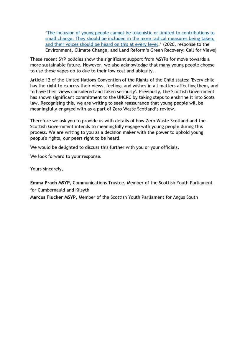 Today <a href="/Marcus_Flucker/">Marcus Flucker MSYP</a> and I have written to @LornaSlater, the Minister for Green Skills, Circular Economy &amp; Biodiversity about <a href="/ZeroWasteScot/">Zero Waste Scotland</a>’s review of disposable vapes. Vape use amongst young people is rising so whatever conclusions are reached must work for young people too.