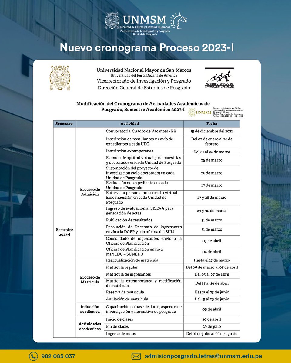 PGLetras_UNMSM's tweet photo. #PosgradodeLetrasUNMSM | 📢COMUNICADO
Les compartimos el nuevo cronograma para el proceso de Admisión 2023-I https://t.co/pzOxYmGQag
