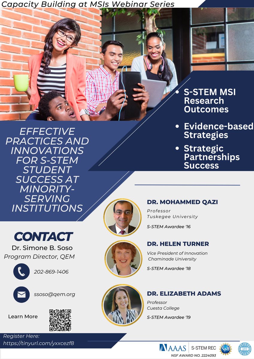 Join our webinar “Effective Practices and Innovations for S-STEM Student Success at Minority-serving Institutions!” Hosted by @AAAS’s @sstem_program facilitated by @QEMNetwork on Apr 6th from 3-4pm. Register here: tinyurl.com/yxxcezf8. #SSTEM #MSIs #evidence-based practices