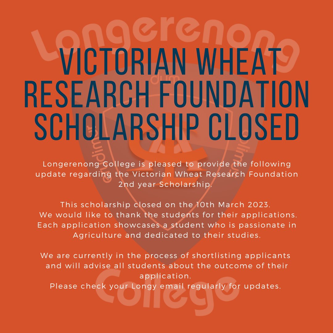 LongyCollege's tweet photo. We are so pleased to tell you that the Victorian Wheat Research Foundation's 2nd-year scholarship has now closed. The second-year students who have applied are students who are passionate about agriculture. Congrats! https://t.co/67R63mhfah
