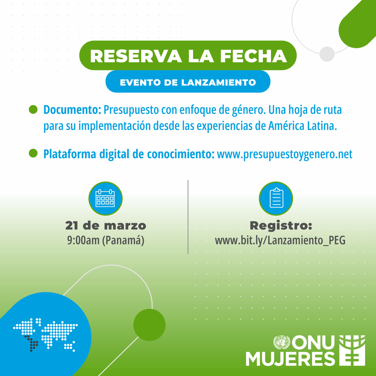 ONUMujeres's tweet photo. ⚙️ Lanzamiento virtual de la publicación Presupuesto con Enfoque de Género: Una hoja de ruta para su implementación desde las experiencias de América Latina y de la plataforma digital de conocimiento. #PresupuestoYGénero

📅 21 de MAR​ ⏰ 9:00h (🇵🇦)​
📄 https://t.co/6eYanf74Q0 https://t.co/Q2I4bPFx5h