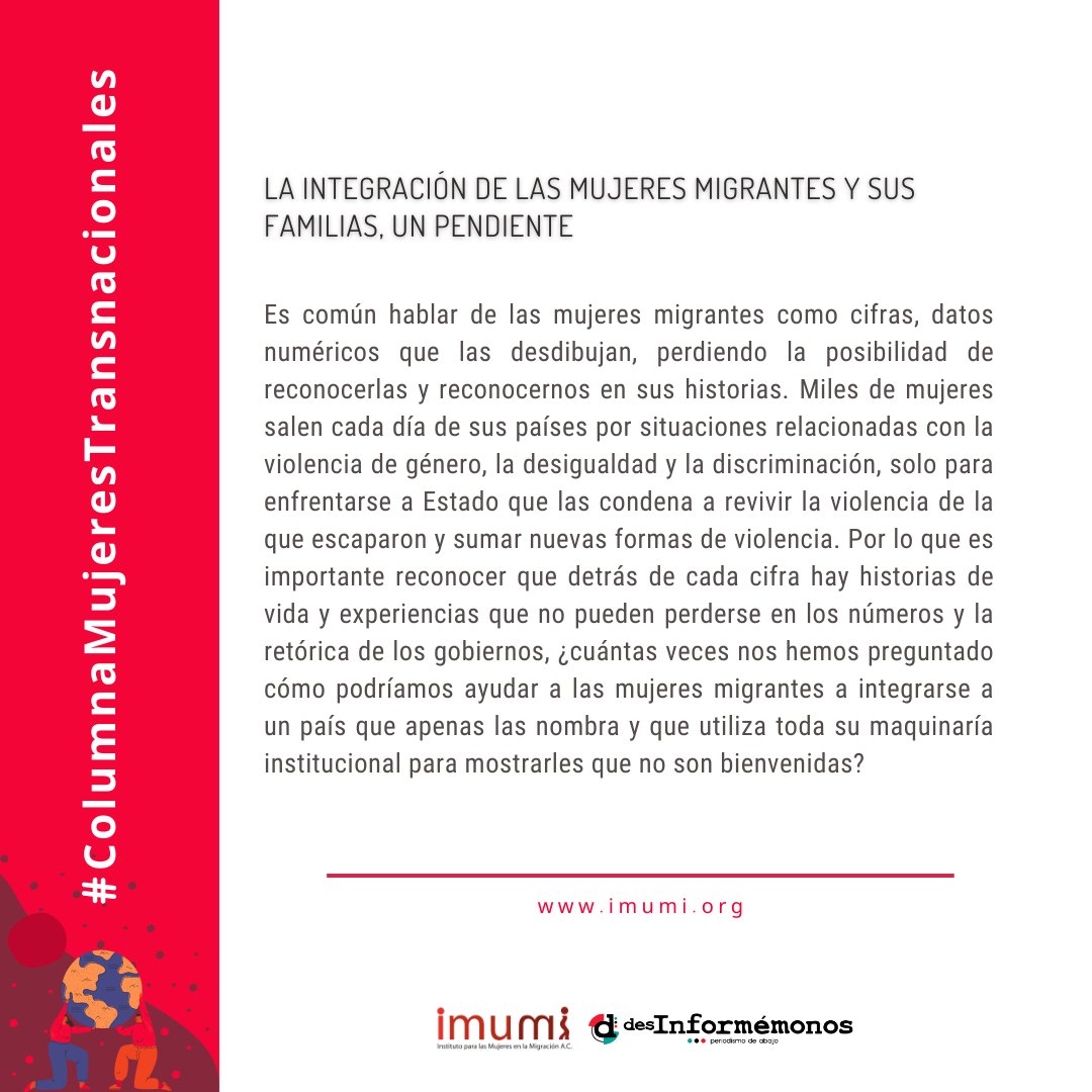 IMUMIDF's tweet image. 📰 #ColumnaMujeresTransnacionales
⚠️ Hace unos días las mujeres en México volvieron a recordarle al Estado mexicano que ser mujer en este país es un peligro, más cuando eres una #mujermigrante, y que su integración sigue siendo materia pendiente. 
👉🏾 bit.ly/integracionmig…