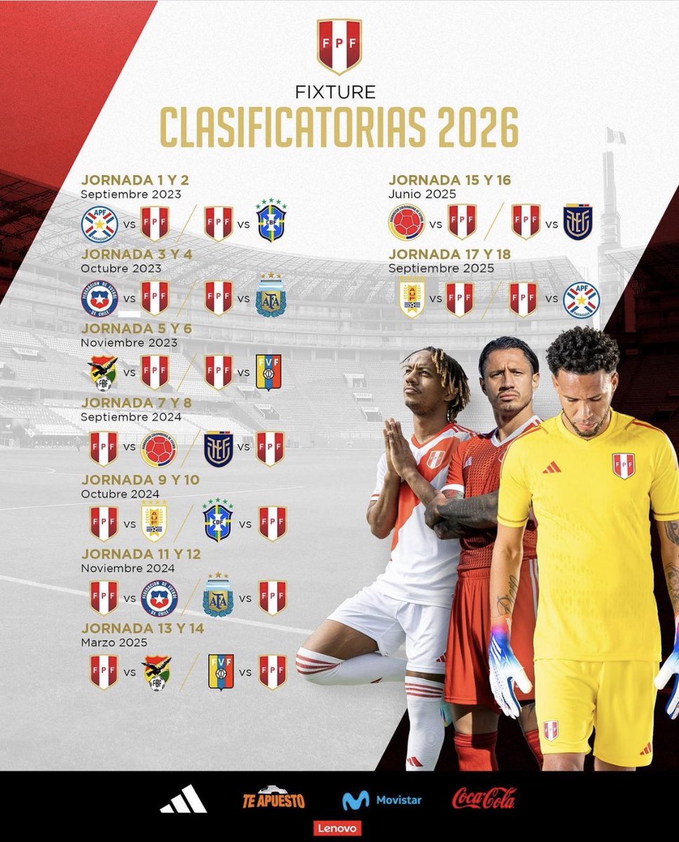 expriondepor1's tweet photo. Vuelve el torneo más apasionante y Complicado del Mundo! En Septiembre la lucha por 6 cupos y medios, en las eliminatorias Conmebol Mundial 🇨🇦🇺🇸🇲🇽2026 
Fixture de la Selección Peruana 🇵🇪 https://t.co/58iaofrX7y