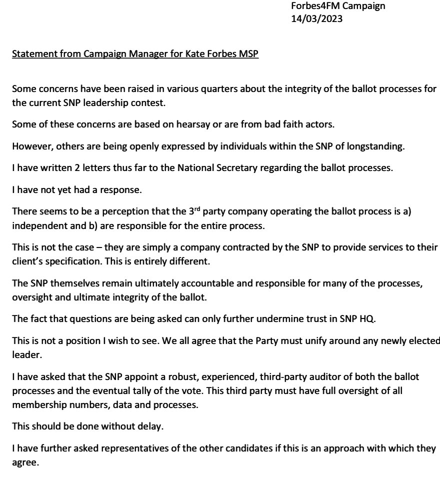 NEW: Kate Forbes campaign issues explosive statement calling for SNP HQ to appoint independent auditors to oversee the leadership voting process & final result. It comes amid claims the race to replace Sturgeon is mired in secrecy. SNP chiefs to hold emergency meeting on Thurs