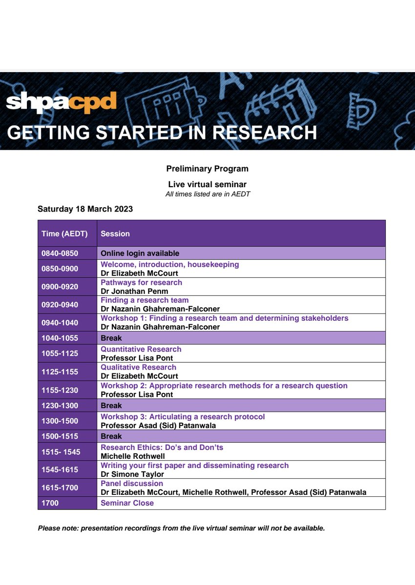 This weeks' #MRFF QUM grants into transitions of care, #agedcare &amp; pharmacogenomics are exciting for the #SHPAResearch community. Regos are still open until this afternoon for SHPA's Getting Started In #Research seminar aimed at #pharmacists. Register now! shpa.org.au/event/gettings…