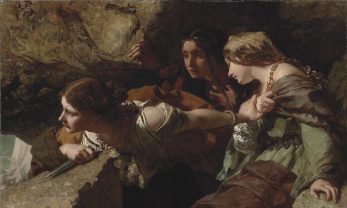 British painter James Sant painted 'Courage, Anxiety, and Despair: Watching the Battle,' which depicts three women hiding behind a large rock. And Courage, the woman with a knife in hand, leans toward the danger. What does his #art teach us? inspiredoriginal.org/post/courage-f…