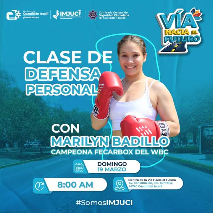 Este domingo en la #VíaHaciaElFuturo tendremos a la Comisaría de Seguridad Ciudadana con actividades.

🥊Asiste a la clase de defensa personal con la Campeona Fecarbox del WBC Marilyn Badillo, aprenderás las mejores técnicas de defensa personal.
¡Te esperamos! #SomosIMJUCI