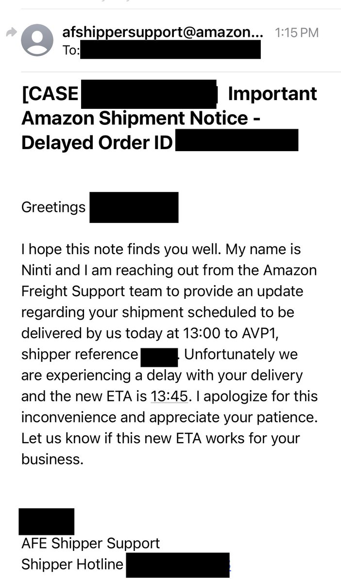 eCommSimplified's tweet image. Hilarious email I got from Amazon Freight today. Notice the “delay” times. I told them this was unacceptable, and I expect to be compensated fully for this tremendous inconvenience (joke). 

#FBA #Freight #WackyWednesday