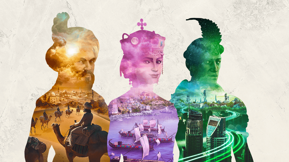 The Ara: History Untold logo and key art, featuring three leaders made up of different eras of history standing side by side.