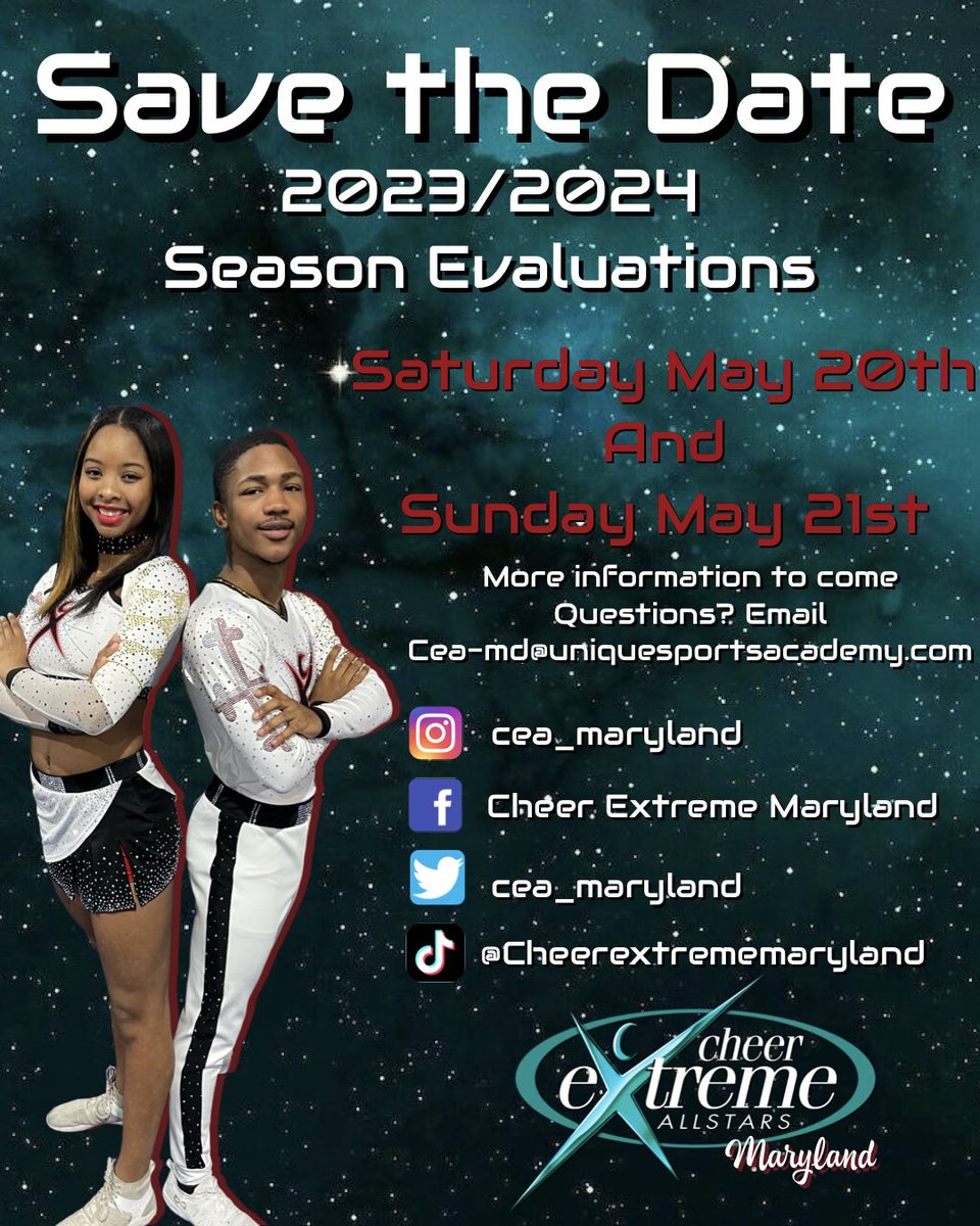 CEA_Maryland's tweet photo. Save the Date! Your Cheer Extreme Maryland 2023/2024 Season Evaluation Dates are here! Be sure to follow us on social media and be on the lookout for more information! #cea #ceamd #ceamaryland https://t.co/IAddYZMgFH