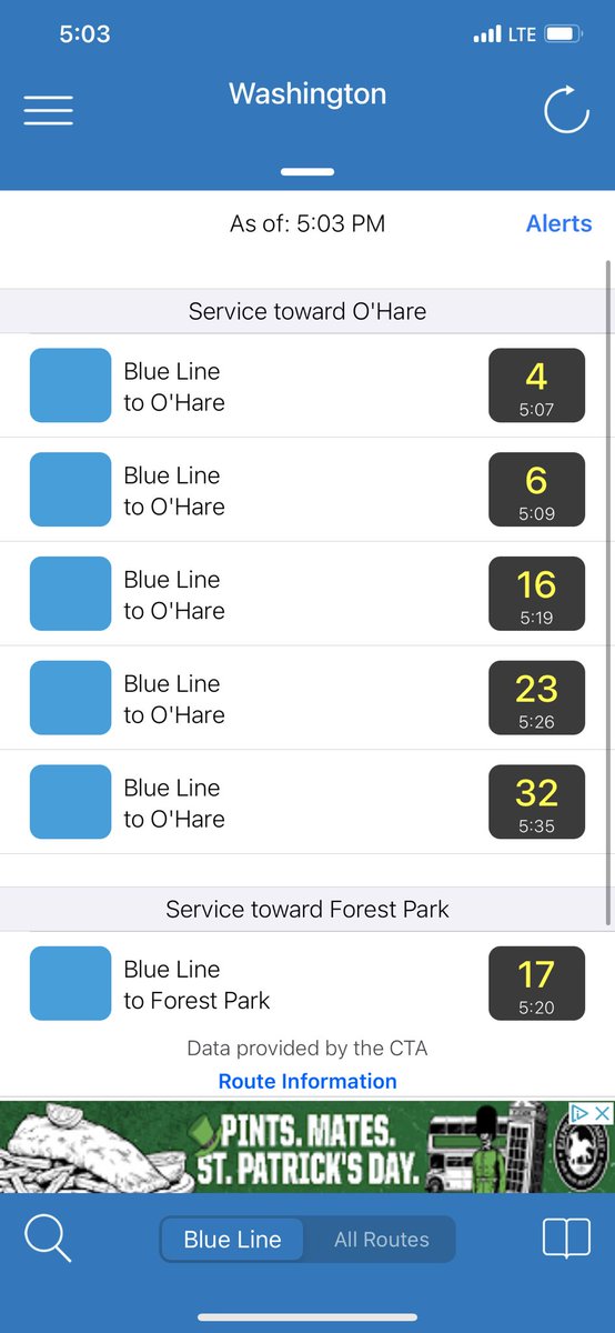 HierholzerSarah's tweet photo. Comparison of Brown line (Clark/Lake) vs. Blue line (Washington) arrival times during rush hour. @cta consistently does not run adequate Blue line service for the volume of riders, which rivals, if not surpasses, Brown line ridership! https://t.co/TjqfBv8zFW