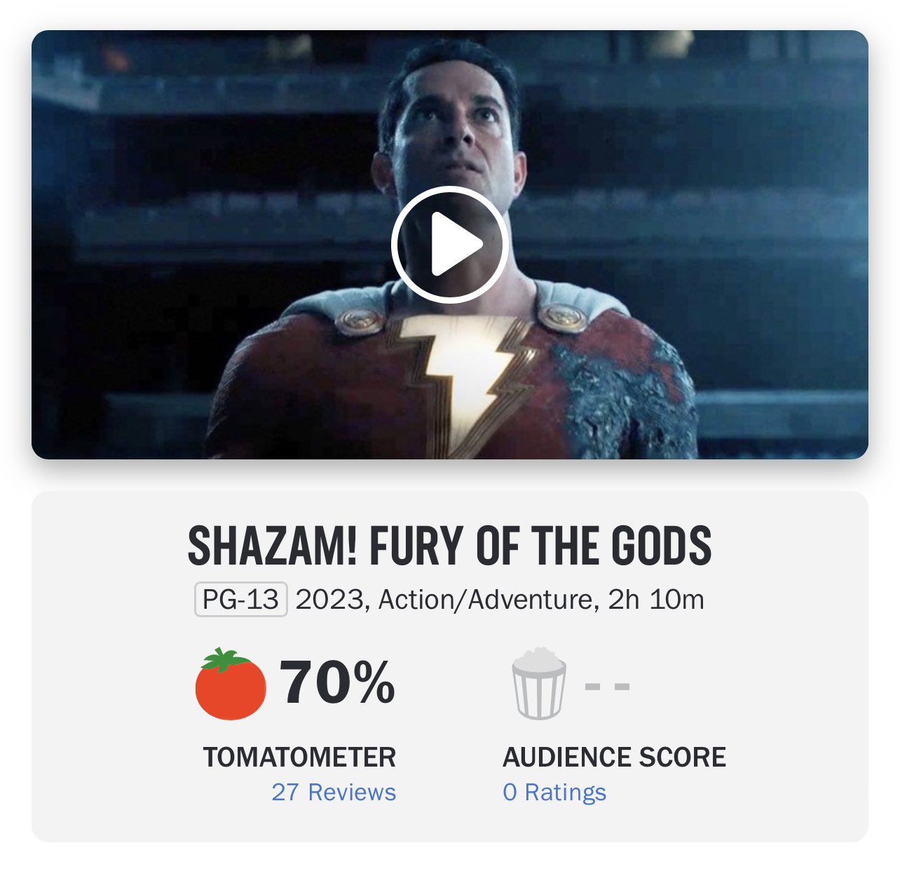 The Hollywood Handle on X: 'SHAZAM! FURY OF THE GODS' opens with 70% on  Rotten Tomatoes 🍅  / X