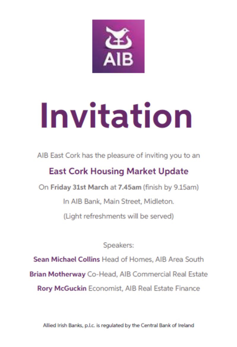 Join us <a href="/AIB/">相葉P提督</a> Midleton for an “East Cork Housing Market Business Breakfast Update” on Friday 31st March @ 7.45am 
Hear from #AIB’s Real Estate Team on the Market Outlook &amp; the Housing update East Cork 2023 
#realestate #housing #planning #communities