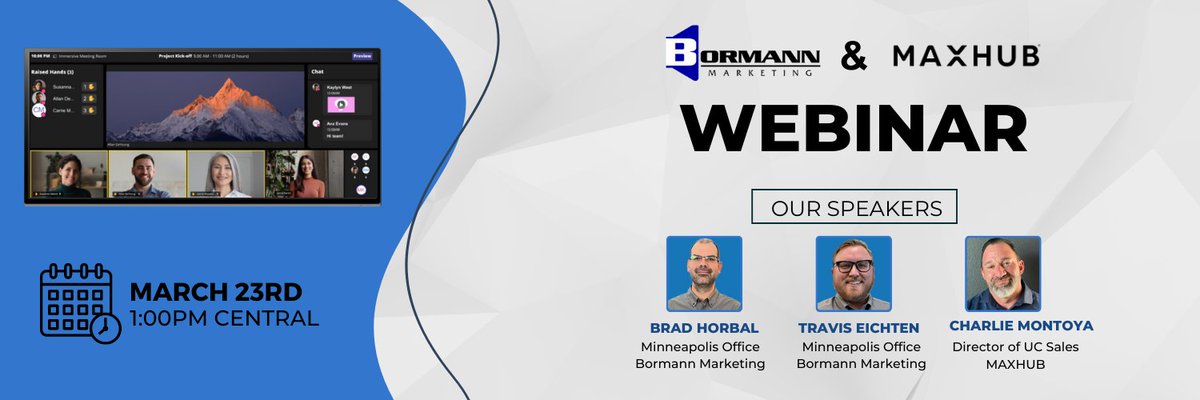 NE14Collab's tweet photo. MAXHUB and @BormannMKTG are hosting a #webinar March 23rd! Register now to discover the latest MAXHUB products and when they will be available in a city near you 👉 https://t.co/l1jrVUqXWg #avtweeps #BeyondCollaboration https://t.co/ZhqqvYmgYM