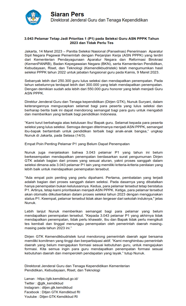 bbgtk_jabar's tweet photo. Siaran Pers
Direktorat Jenderal Guru dan Tenaga Kependidikan
3.043 Pelamar Tetap Jadi Prioritas 1 (P1) pada Seleksi Guru ASN PPPK Tahun
2023 dan Tidak Perlu Tes
#BBGP
#BBGPJabar
#ASN
#PPPK https://t.co/w7NJIwafkY