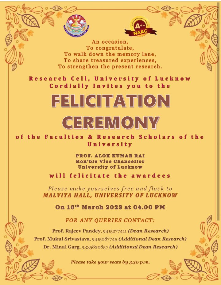 lkouniv's tweet photo. Hon’ble Vice Chancellor Prof Alok Kumar Rai will felicitate in-house researchers (faculty members &amp; research scholars) for their research contributions in the academic year 2021-22 today at Malviya Hall (4.00 PM) https://t.co/vUWBGiqNzF