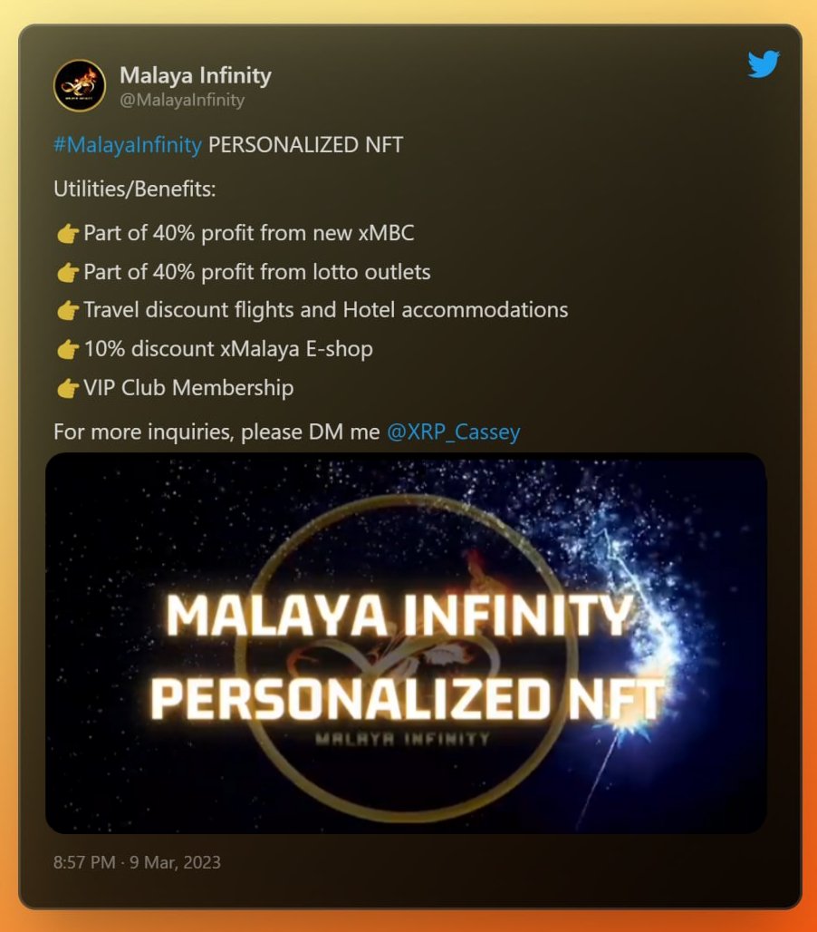 Get your own Personalized #NFT &amp; enjoy the amazing benefits!

For full details, join us on Telegram bit.ly/MalayaInfinity

<a href="/MalayaInfinity/">Malaya Infinity</a> <a href="/ROSE_XRPLAsia/">Rose XRPL_Asia 🌹</a>