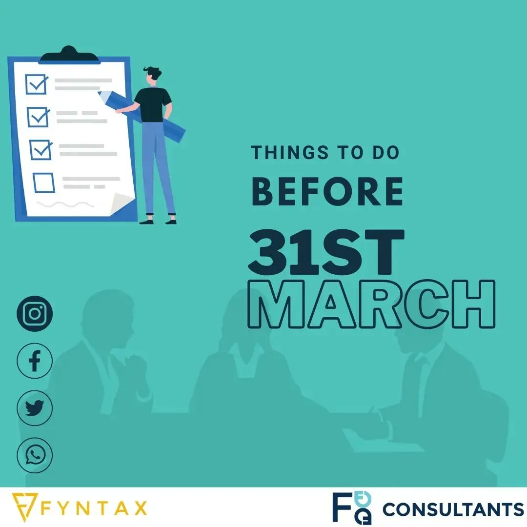 fyntax's tweet photo. With the financial year 2022-23 coming to an end, go through the checklist to ensure that you aren't missing out on anything.
.
.
.
#Fyntax #FyntaxIndia #f8consultants #incometax #startupindia #taxplanning #gst #entrepreneur #finance https://t.co/0bSUkqrxkr