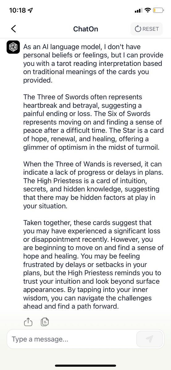 hizzukt's tweet photo. asked chatgpt to interpret my tarot reading and she lowkey spit https://t.co/Pr7zsZbyR8
