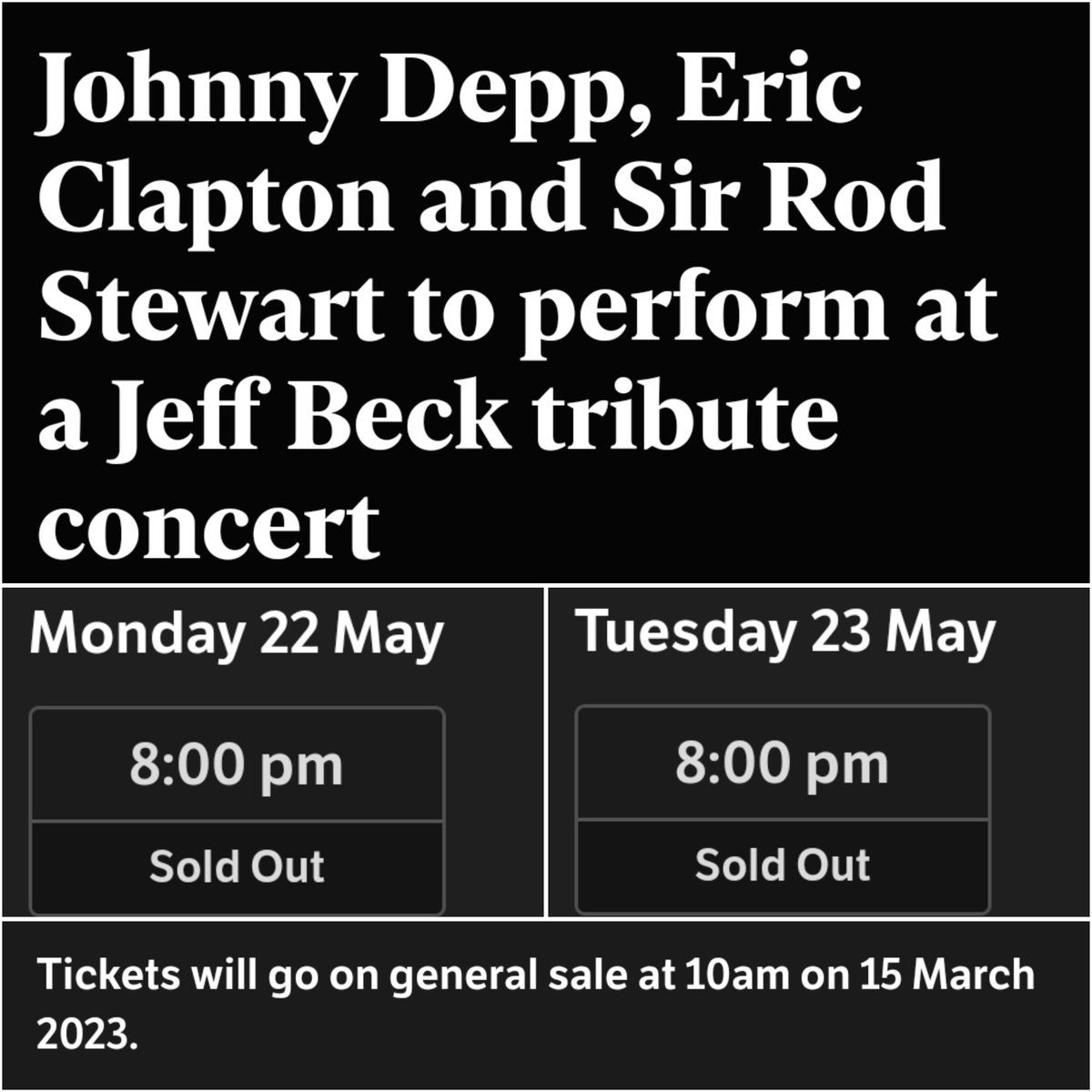 Not even 24 hours... #SoldOut

#JeffBeck #JohnnyDepp #Icons #JohnnyDeppKeepsWinning 🎸 #JohnnyDeppRises #RIPJeffBeck