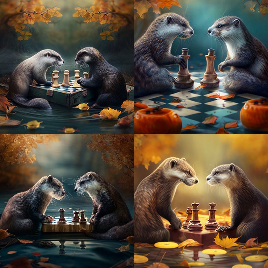 emollick's tweet photo. 🦦Otter inventing the airplane in 1905 v5 and v4
🦦Otters playing chess in the fall v5 and v4 https://t.co/LvBJvk2kCS