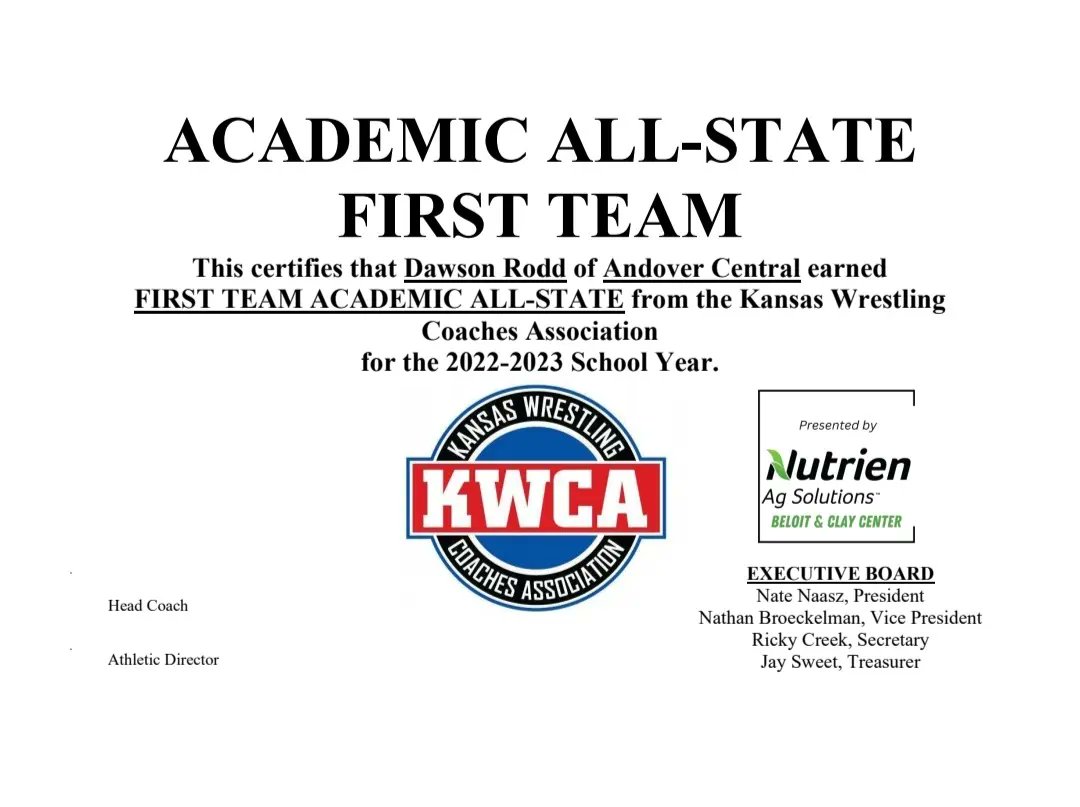 Andover Central Wrestling (@acjagwrestling) on Twitter photo Congratulations to these 3 guys making the <a href="/kwcaonline/">Kansas Wrestling Coaches Association (KWCA)</a> ALL-ACADEMIC FIRST TEAM
Jet Thompson
Liam Coultis
Dawson Rodd Congratulations to these 3 guys making the <a href="/kwcaonline/">Kansas Wrestling Coaches Association (KWCA)</a> ALL-ACADEMIC FIRST TEAM
Jet Thompson
Liam Coultis
Dawson Rodd