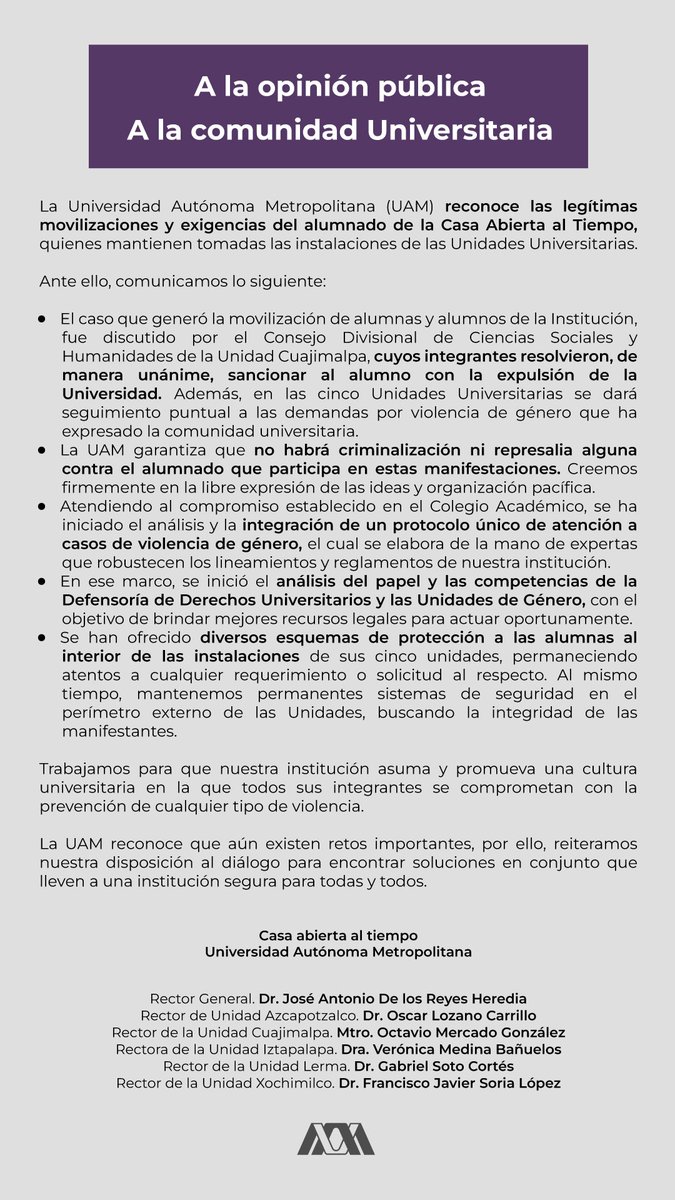 El caso que generó la movilización de alumnas y alumnos de la Institución fue discutido por el Consejo Divisional de CSyH de la Unidad Cuajimalpa, cuyos integrantes resolvieron de manera unánime, sancionar al alumno con la expulsión de la Universidad.
.
#UAM #SoyUAM