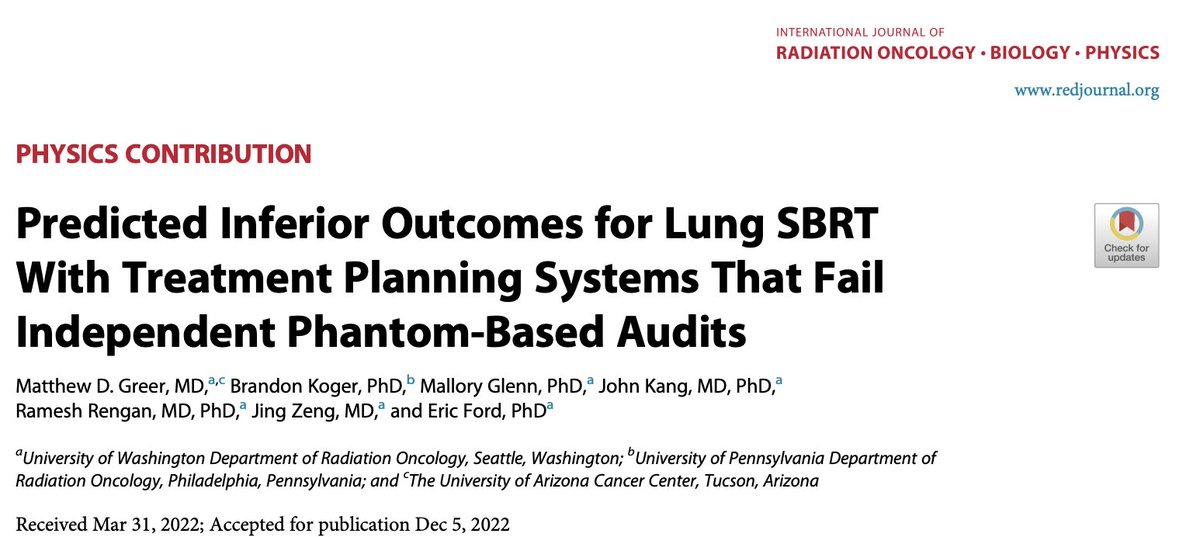 #medphys #radonc Most of us are aware of the high failure rates in IROC-H dosimetry audits of RT plans (>15%). But what is the clinical impact? Not much is known. One answer: significant impact for lung SBRT. See our new study. #PSAW23 pubmed.ncbi.nlm.nih.gov/36535431/