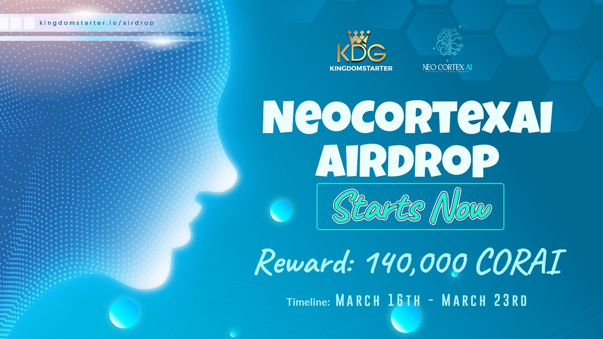 📣  #KDG x <a href="/NeoCortexAI/">NeoCortexAI</a>  #Airdrop - Giveaway 140,000 CORAI⚡️⚡️⚡️

📖How to participate
👉Do all the tasks at:  gleam.io/wOZJY/-kdg-x-n…

💎 #Reward: 140,000 CORAI 

📆Timeline: 5AM March 16th - 5PM March 23rd (UTC)