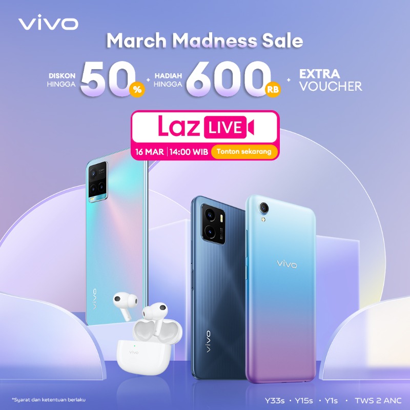 vivo_indonesia's tweet photo. Yok ayo yang mau ganti smartphone mari merapat!
Diskon s.d 50% setiap pembelian #vivoY33s #vivoY15s #vivoY1s #TWS2 di Laz Live tanggal 16 Maret 2023 jam 14.00 WIB. Ada hadiah juga hingga 600rb dan extra voucher🤩😱
Buruan klik link nya sekarang ges, jangan sampai kehabisan!