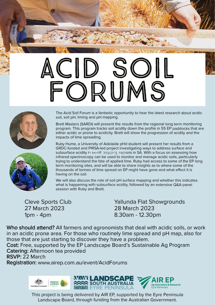 ag_eyre's tweet photo. Worried about acidity affecting your crops and pastures? Have you pH mapped, limed your soil, and STILL unsure if that is enough? Come along a hear from Ruby(AdelaideUni)&amp; Brett(SARDI) to discuss the latest soil acidity research for EP.
https://t.co/wG67Mf7NAR https://t.co/OVq5CXigNk