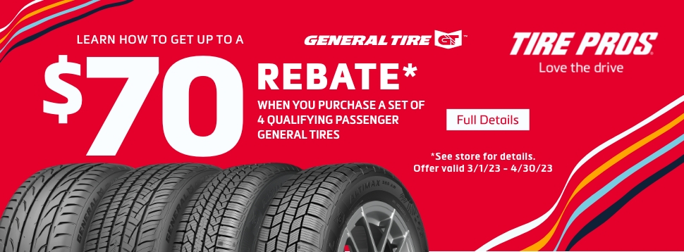 SimiValleyTP's tweet photo. Learn how to get up to a $70 rebate when you purchase a set of 4 qualifying passenger General Tires!

**See our website and store for details
Offer valid 3/1/23 - 4/30/23 https://t.co/b6ndRKBYIF