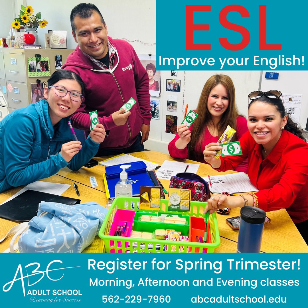 abcadultschool's tweet image. Improve your English! Join an #ESLClass at abc_adult_school! We have morning, afternoon and evening classes for all levels from Beginning to Advanced.

To register, go to linktr.ee/abcadultschool or call 562-229-7960 ext. 25052 for more information.