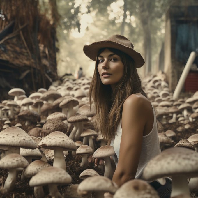 Street Photo in Oaxaca Mushroom Jungle, Beautiful Female model High and tripping on Mushrooms, wide shot, natural lighting, shot on Fuji Film, detailed and realistic environment, cinematic -- ar 3: 2 ( V5 in settings ) 