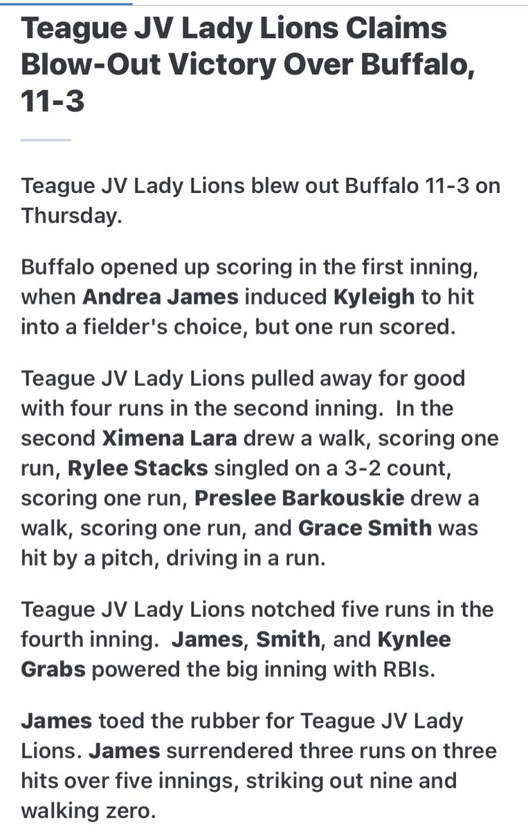 teague_ladylion's tweet photo. JV started the day out hot with an 11-3 win!! 💥

Kynlee Grabs: 3-3, 1RBI
Mackenzie Leist: 2-3, 2RBI
Andrea James: 2-3, 2RBI &amp; threw 9Ks
Rylee Stacks: 1-2, 1RBI
Preslee Barkouskie: 1-2, 1RBI
@keirsten_w 1-3
Kylee Silar: 1-3
Ximena Lara: 1BB, 1RBI
Grace Smith: 2HBP, 1BB, 1RBI https://t.co/Iib64iCMvE