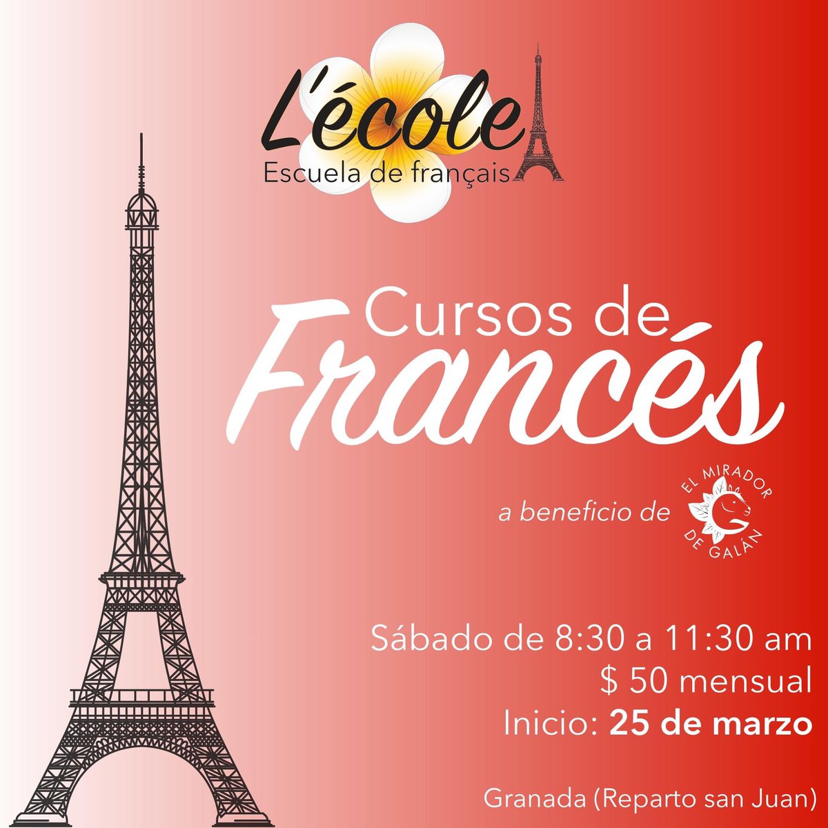 MiradorGalan's tweet photo. Nuevo inicio de Sesión - Curso de Francés 🇫🇷

¡Aprende francés mientras apoyas una causa noble! 
🇫🇷
Las clases de francés para principiantes comienzan el 25 de marzo en Granada.
🇫🇷
Además de mejorar tu francés, ayudarás a mantener el refugio y la manada del Mirador de Galán. https://t.co/A876wbq57v