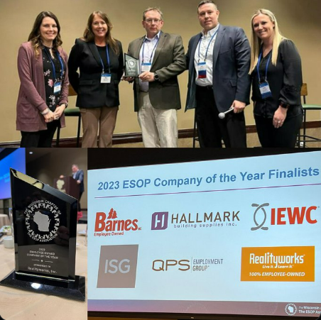 EsopWI's tweet photo. Congratulations to @RealityworksInc  for winning ESOP Company of the year!!!  In addition, congratulations to @HallmarkBldgSup for winning the  "Rising Star" award, and  Mike Schrader from Barnes, Inc. for winning Employee-owner of the year. Truly outstanding work! https://t.co/3IJgLgTOwY