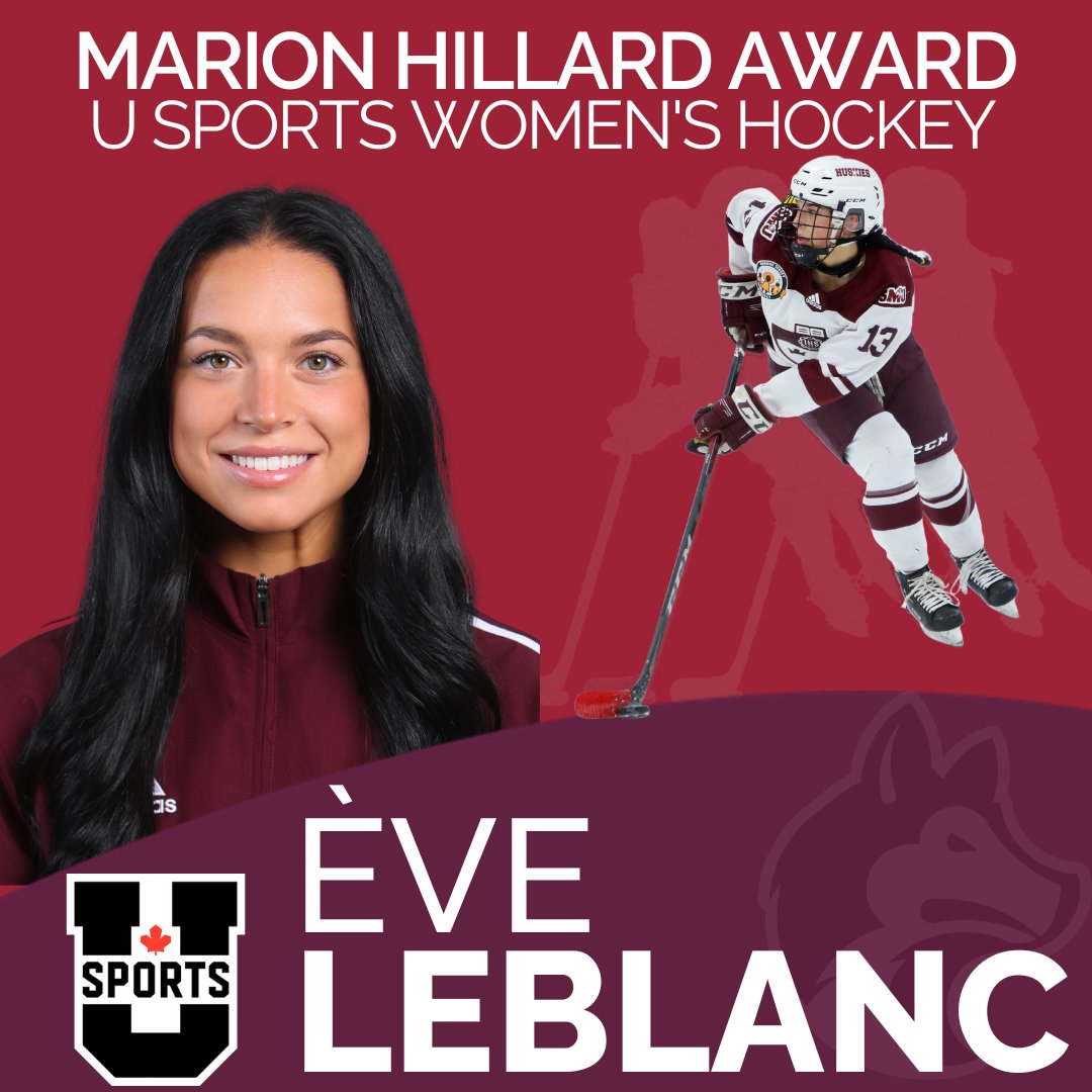 SMUHuskies's tweet image. Saint Mary's Huskies defender Eve LeBlanc has been named the winner of the 2023 Marion Hillard Award for Student-Athlete Community Service in U SPORTS Women's Hockey.

LeBlanc is the first winner of the award in Huskies Women's Hockey history!

Full story: smuhuskies.ca/sports/wice/20…