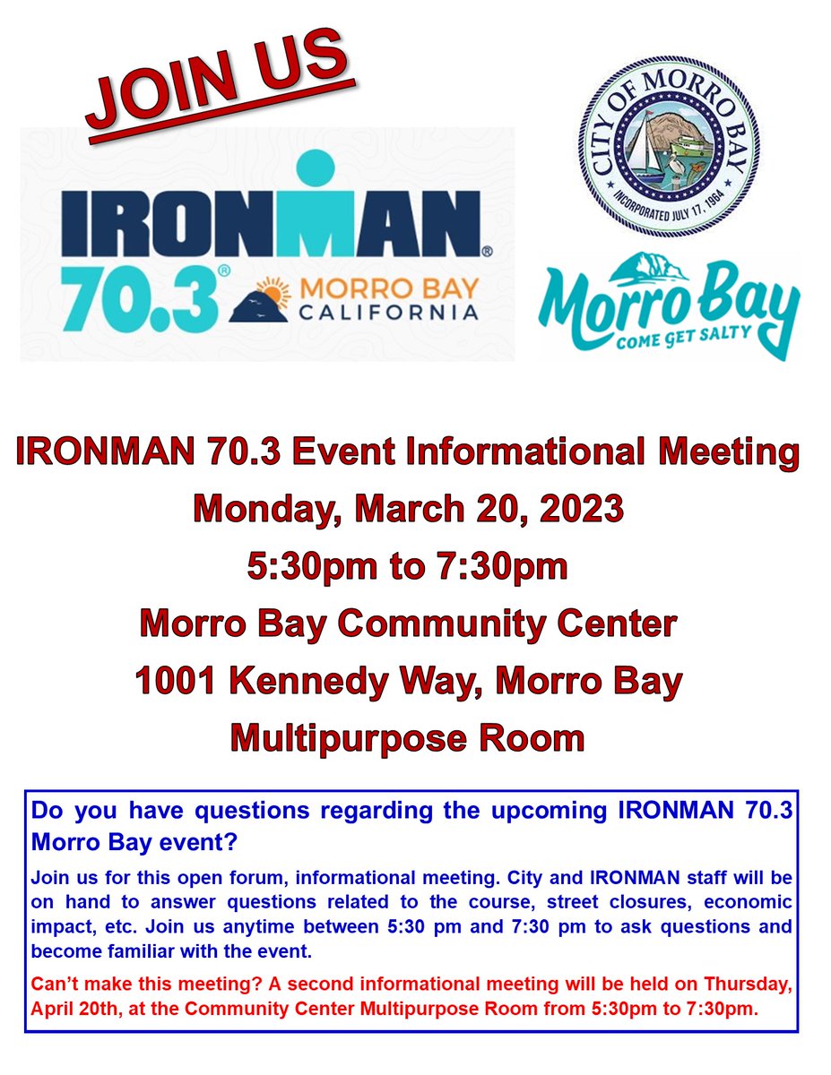 IRONMAN 70.3 is coming to Morro Bay! An event informational meeting for the community will be Monday, March 20th at the Morro Bay Community Center.  If you are interested in volunteering at the event, go to ironman.volunteerlocal.com/volunteer/?id=…
#IM703MorroBay #Ironman
