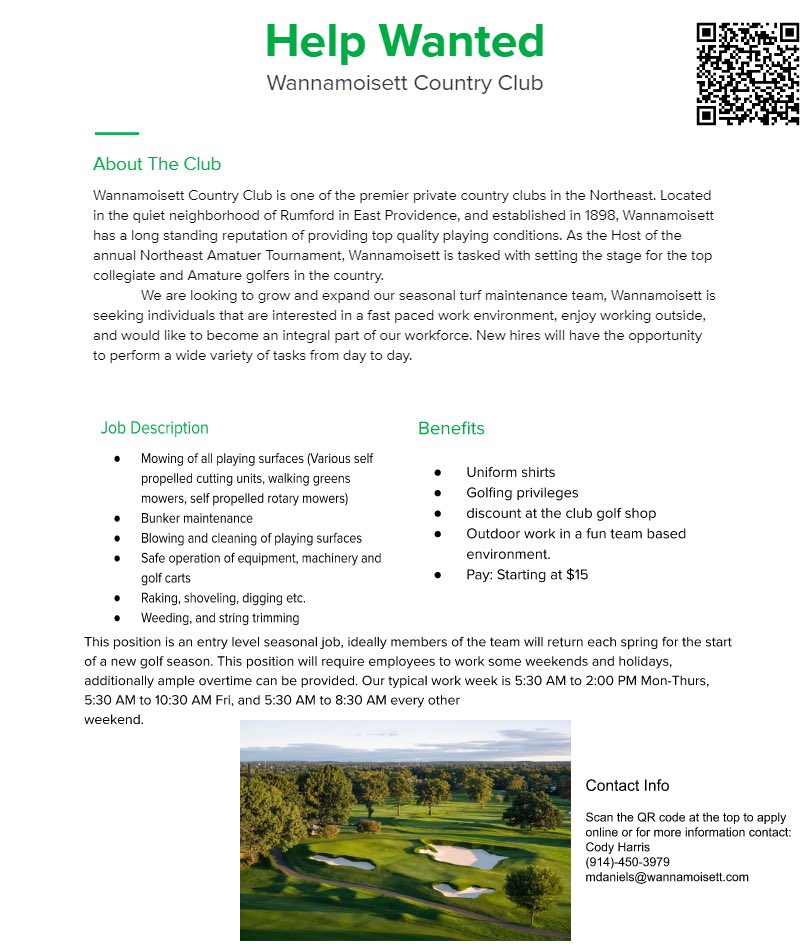 cdharris19's tweet photo. Wannamoiset looking to expand our team for this upcoming golf season. Spend your summer outside in the fresh air working with a great team. Expand your skills in a fun and exciting environment. Reach out to myself for more information or apply at https://t.co/7gqyJB7Srb https://t.co/FyhN0WHlSm