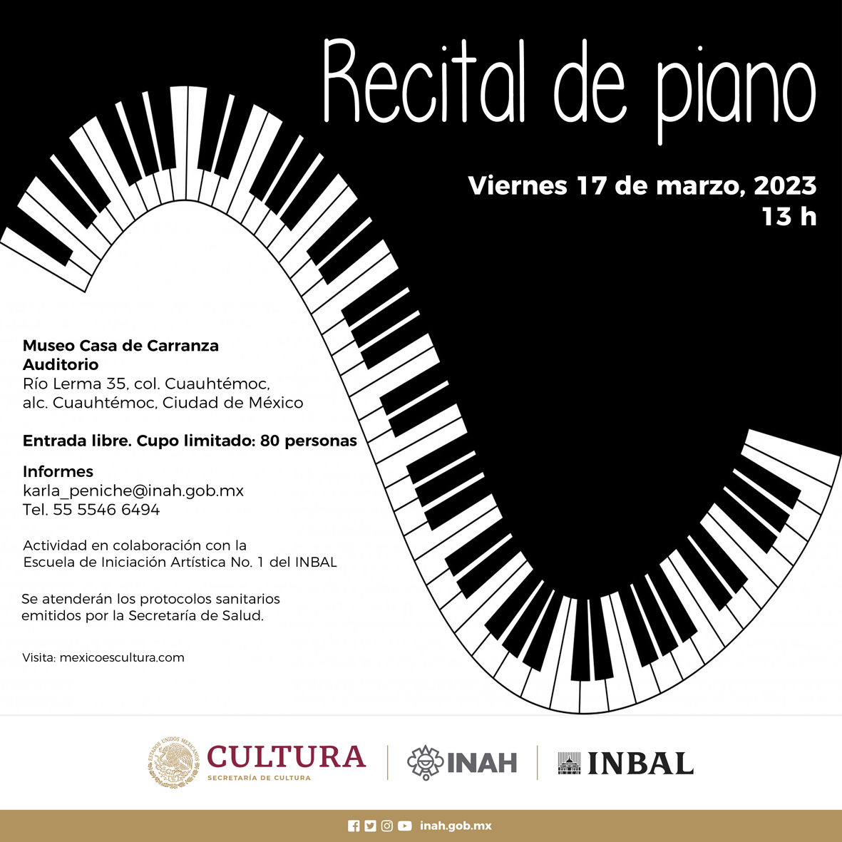 MCCarranzaINAH's tweet photo. Recital de #piano 🎹🎹🎼🎼
📆Viernes 17 de marzo
⏰13 h
📌Río Lerma 35, Cuauhtémoc, CDMX
#Entradalibre
#Recitaldepiano #INAH #INBAL #EIA1 #Concierto #MuseoCasaDeCarranza https://t.co/5ogD2cIcZz