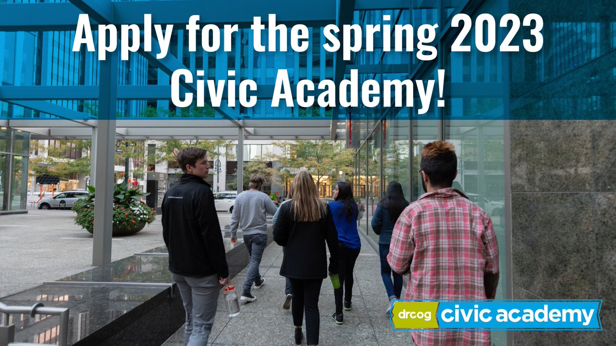 DRCOGorg's tweet photo. Do you know someone who is interested in #community issues and wants to be more involved in their neighborhood? Tell them to apply for the spring #CivicAcademy hosted by #DRCOG. Hurry – applications close March 24! https://t.co/HIrRZbYWzL #CivicAcademy2023 #MetroVision https://t.co/GeIwN8ze7f
