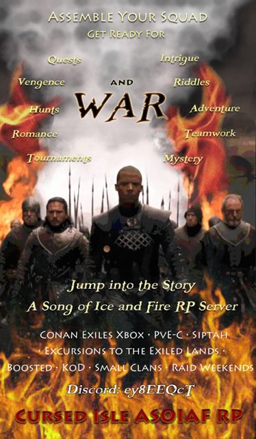 KnowYourPrey's tweet photo. Hey #conanexiles players! Tired of vanilla PvP &amp; generic fantasy kingdoms RP? Jump into Chp 3 on a new server with a fresh theme! #GameofThrones #HouseOfTheDragon #ASOIAF roleplay server on Xbox -> Cursed Isle https://t.co/aQmsfha6IO https://t.co/rhh9UCMkZd