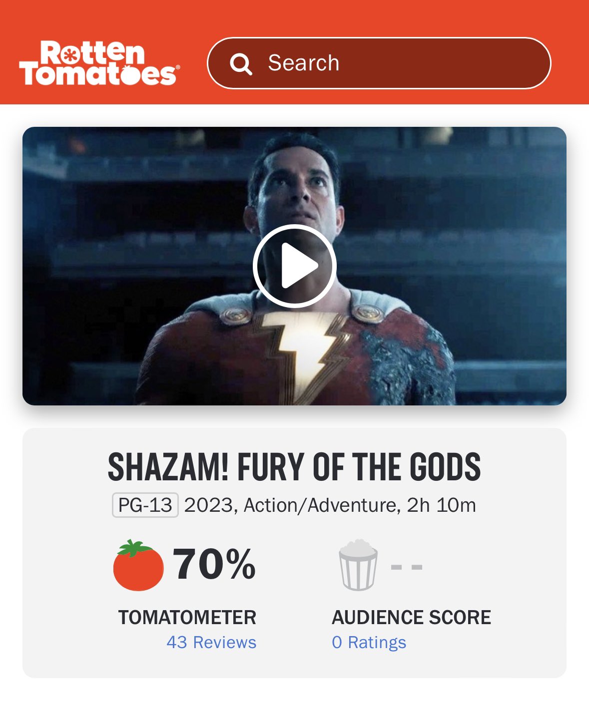 DiscussingFilm on X: 'SHAZAM! FURY OF THE GODS' debuts at 70% on Rotten  Tomatoes from 43 reviews. Read our review:    / X