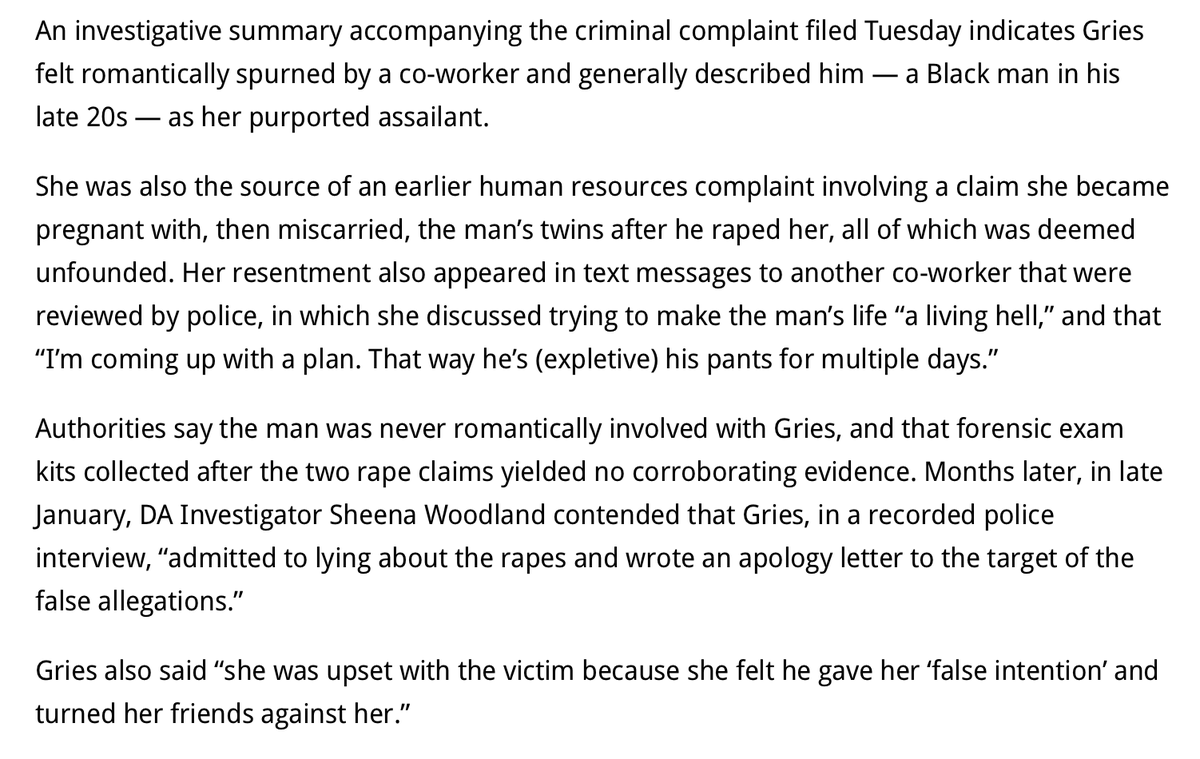 mualphaxi's tweet photo. Police discovered that both rapes were hoaxes intended to destroy the life of a coworker who turned down her romantic advances. 

She also filed a false HR report against him with a disgusting story of rape and miscarriage. https://t.co/T2BZ9L7tb4
