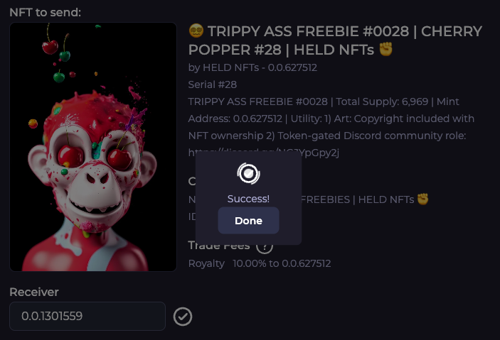 HELDiWanKenHODL's tweet photo. TY for being a @GoodTripApes holder & OG supporter, @AKASophieLash @xMETAVISIONx ! π
#TrippyAssFreebie #28 has been sent to your wallet! π
#HBARNFTs #LFGROW #PopThatCherry #TAF28 https://t.co/jNpDY6iVkW