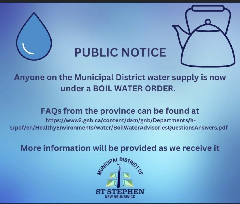 981CharlotteFM's tweet photo. A Water Boil Order is issued for everyone on the St. Stephen Municipal Water Service. https://t.co/PF27OG4cuI
